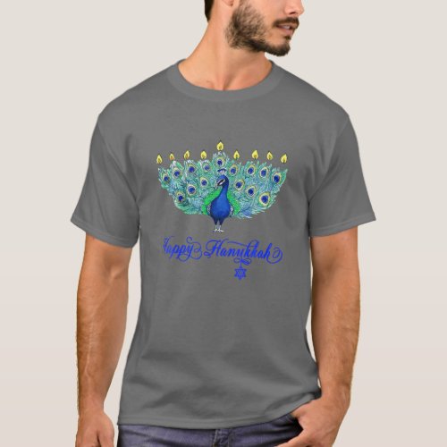 Hanukkah Christmas Peacock Menorah Chanukah Jewish T_Shirt