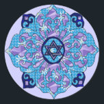 Hanukkah Classic Round Sticker<br><div class="desc">Blues of all shades,  lilac and lavender in a flower shape with a knotted six-sided star in the center is a great way to celebrate Hanukkah and express your individuality at the same time.</div>