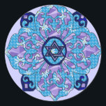 Hanukkah Classic Round Sticker<br><div class="desc">Blues of all shades,  lilac and lavender in a flower shape with a knotted six-sided star in the center is a great way to celebrate Hanukkah and express your individuality at the same time.</div>