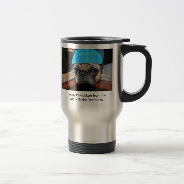 Hanukkah coffe cup with pug on it with Yarmulke (Right)