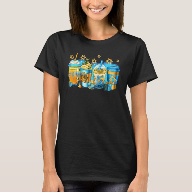 Hanukkah Coffee Cups Jewish Latte Dreidel Menorah T-Shirt (Front)