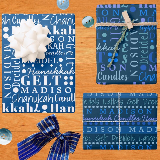 Hanukkah Collage Dark Blue Cute Add Childs Name Wrapping Paper Sheets (Creator Uploaded)