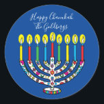 Hanukkah Colorful Menorah Hanukiah Classic Round Sticker<br><div class="desc">Colorful, Happy Chanukah, Hanukiah Stickers Round. Have fun using these stickers as cake toppers, gift tags, envelope seals, favor bag closures, or whatever rocks your festivities! Personalize by deleting text and adding your own words, using your favorite font style, size, and color. Background color can be changed out, too! Thanks...</div>