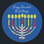 Hanukkah Colorful Menorah Hanukiah Classic Round Sticker<br><div class="desc">Colorful, Happy Chanukah, Hanukiah Stickers Round. Have fun using these stickers as cake toppers, gift tags, envelope seals, favor bag closures, or whatever rocks your festivities! Personalize by deleting text and adding your own words, using your favorite font style, size, and color. Background color can be changed out, too! Thanks...</div>