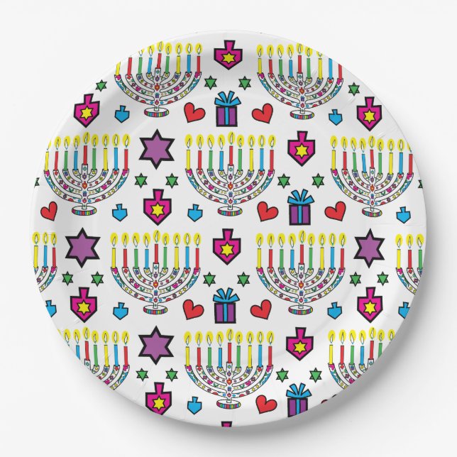 Hanukkah Colorful Menorahs Paper Plates (Front)