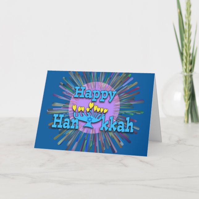 Hanukkah Contemporary Menorah with Heart Flames Card (Front)