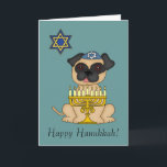 Hanukkah-Cute Jewish Pug Dog Holiday Card<br><div class="desc">Who wouldn't love to receive this cute card for Hanukkah,  featuring a sweet little pug dog wearing his yarmulke,  the menorah before him,  while the Star of David floats beside him! The inside is customizable for you convenience.</div>