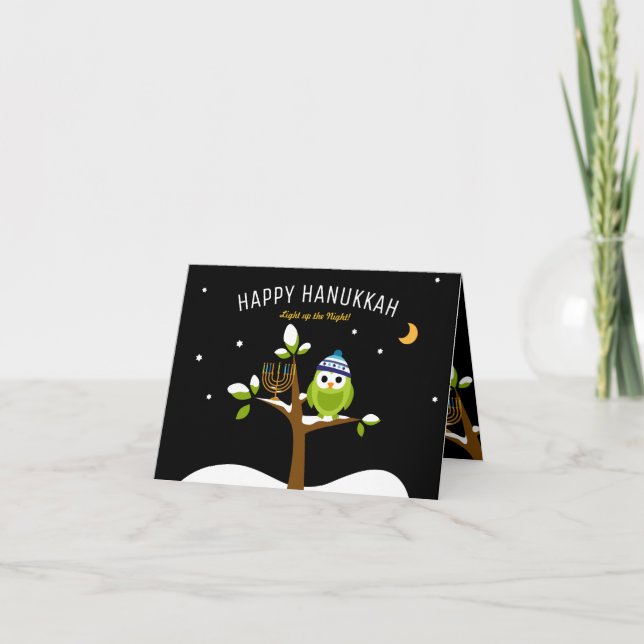 Hanukkah Cute Owl & Menorah Light up the Night Holiday Card (Front)