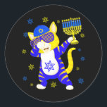 Hanukkah Dabbing Cat Sunglasses Holding Menorah Classic Round Sticker<br><div class="desc">Hanukkah Dabbing Cat Sunglasses Holding Menorah</div>
