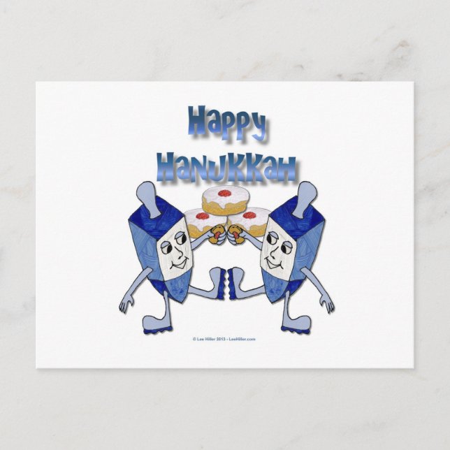 Hanukkah Dancing Dreidels and Jelly Donuts Holiday Postcard (Front)