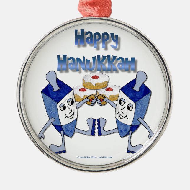 Hanukkah Dancing Dreidels and Jelly Donuts Metal Ornament (Front)