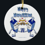 Hanukkah Dancing Dreidels and Jelly Doughnuts Ceramic Ornament<br><div class="desc">You are viewing The Lee Hiller Designs Collection of Home and Office Decor,  Apparel,  Gifts and Collectibles. The Designs include Lee Hiller Photography and Mixed Media Digital Art Collection. You can view her Nature photography at http://HikeOurPlanet.com/ and follow her hiking blog within Hot Springs National Park.</div>