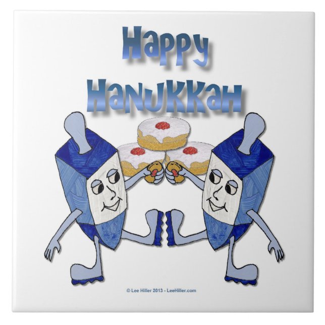 Hanukkah Dancing Dreidels and Jelly Doughnuts Ceramic Tile (Front)