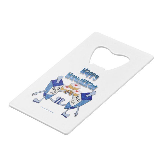 Hanukkah Dancing Dreidels and Jelly Doughnuts Credit Card Bottle Opener (Front Angled)
