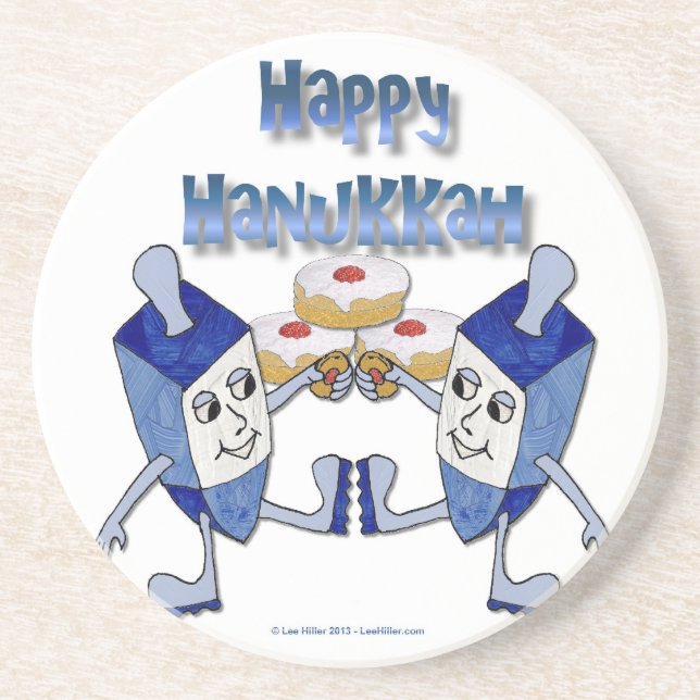 Hanukkah Dancing Dreidels and Jelly Doughnuts Drink Coaster (Front)