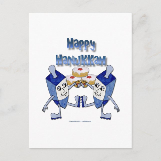 Hanukkah Dancing Dreidels and Jelly Doughnuts Holiday Postcard (Front)