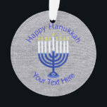 Hanukkah Dark Blue Menorah Chrismukkah Bling Ornament<br><div class="desc">Perfect for remembering a special event this year, this custom blue, white and silver Happy Hanukkah ornament is ready to hang from a window, the stairs or on the Chanukkah tree. Your personalized blue text is on one side and a larger version of the dark blue Menorah with white candles...</div>
