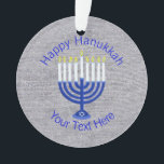 Hanukkah Dark Blue Menorah Chrismukkah Bling Ornament<br><div class="desc">Perfect for remembering a special event this year, this custom blue, white and silver Happy Hanukkah ornament is ready to hang from a window, the stairs or on the Chanukkah tree. Your personalized blue text is on one side and a larger version of the dark blue Menorah with white candles...</div>