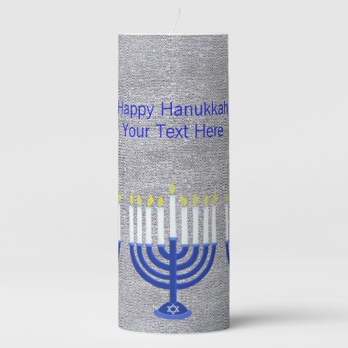 Hanukkah Dark Blue Menorah Faux Silver Lighting Pillar Candle