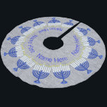 Hanukkah Dark Blue Menorah Fun Chrismukkah Brushed Polyester Tree Skirt<br><div class="desc">This elegant blue, silver and white Chanukkah tree skirt was made for blended families and those who put up a "Hanukkah Bush". The navy blue Menorahs circle around the faux silver color background along with your custom text. Traditional Festival of Lights colors make this tree skirt the perfect finishing touch...</div>