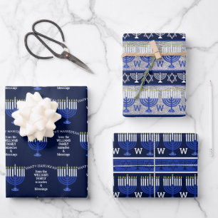 Hanukkah Dark Blue Menorah Monogram Assortment Wrapping Paper Sheets