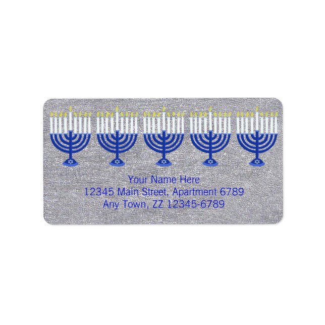 Hanukkah Dark Blue Menorah On Faux Silver Bling Label (Front)
