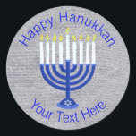 Hanukkah Dark Blue Menorah On Faux Silver Cute Classic Round Sticker<br><div class="desc">Elegant round Hanukkah stickers are great for adding a finish touch to a gift wrap, decorating the envelopes for party invitations or using as Chanukkah party favors. Personalize them now! This original art is a traditional Hanukkah Menorah on a silver look background. Many more matching products from party supplies to...</div>