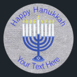 Hanukkah Dark Blue Menorah On Faux Silver Cute Classic Round Sticker<br><div class="desc">Elegant round Hanukkah stickers are great for adding a finish touch to a gift wrap, decorating the envelopes for party invitations or using as Chanukkah party favors. Personalize them now! This original art is a traditional Hanukkah Menorah on a silver look background. Many more matching products from party supplies to...</div>