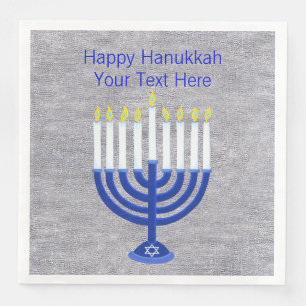 Hanukkah Dark Blue Menorah On Faux Silver Large Paper Dinner Napkins