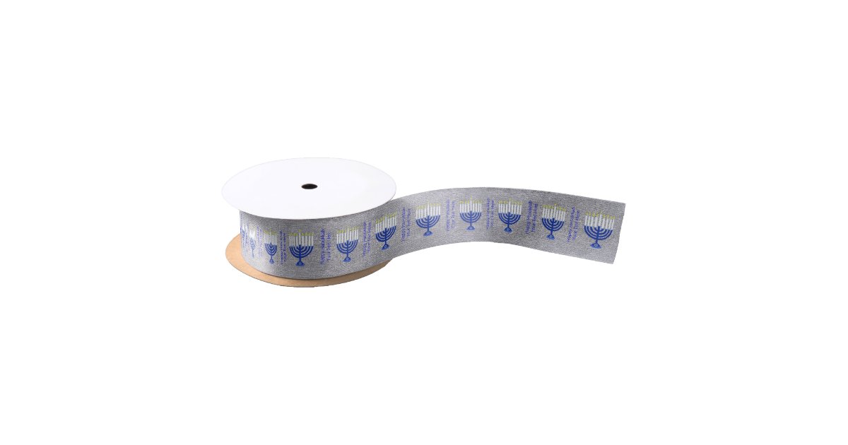 Hanukkah Dark Blue Menorah On Faux Silver Satin Ribbon Zazzle Com