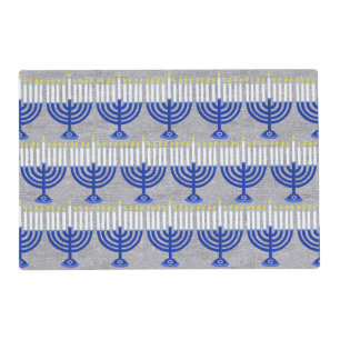 Hanukkah Dark Blue Menorah Silver Bling Pattern Placemat