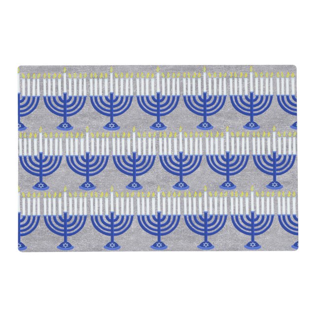 Hanukkah Dark Blue Menorah Silver Bling Pattern Placemat (Front)