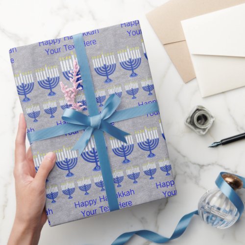 Hanukkah Dark Blue Menorah Silver Personalized Wrapping Paper