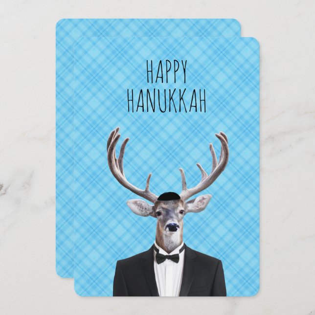 Hanukkah Deer with Tux and Yarmulke Invitation (Front/Back)