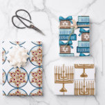Hanukkah design wrapping paper sheets<br><div class="desc">Elevate your Hanukkah gift-giving with this set of three beautifully designed wrapping papers. Each sheet features unique Hanukkah motifs and colors,  adding a touch of elegance and tradition to your presents during the Festival of Lights</div>