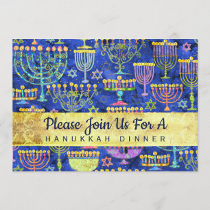 Hanukkah Dinner Gold Blue Menorah Star of David Invitation