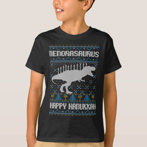 Hanukkah Dinosaur T rex Menorah Ugly Christmas Swe T_Shirt