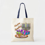 Hanukkah - Donuts, Menorah, Dreidel Bag<br><div class="desc">Hanukkah - Donuts, Menorah, Dreidel Features plate of jelly doughnuts, colorful gifts and dreidel, menorah with colorful candles. Decorative text reads Happy Hanukkah. Celebrate Hanukkah in style with these Hanukkah Gifts and decorations. Stand out from the Crowd with Mind Design Grafx™ Fashionable, Hanukkah Key-Chain. Be sure to check out the...</div>