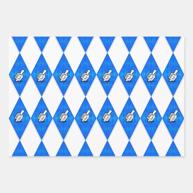 Hanukkah Dreidel Argyle Pattern Wrapping Paper Sheets (Front)