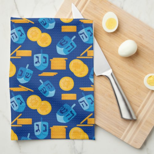 Hanukkah Dreidel Game Gelt Dark Blue Kitchen Towel