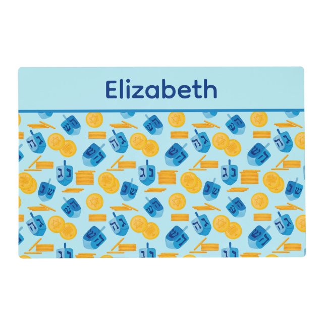 Hanukkah Dreidel Game Gelt Dark Blue Placemat (Front)