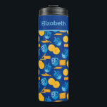 Hanukkah Dreidel Game Gelt Dark Blue Thermal Tumbler<br><div class="desc">Hanukkah Dreidel Game Gelt Dark Blue Personalized Pattern. Chanukah dreidels in blue.</div>