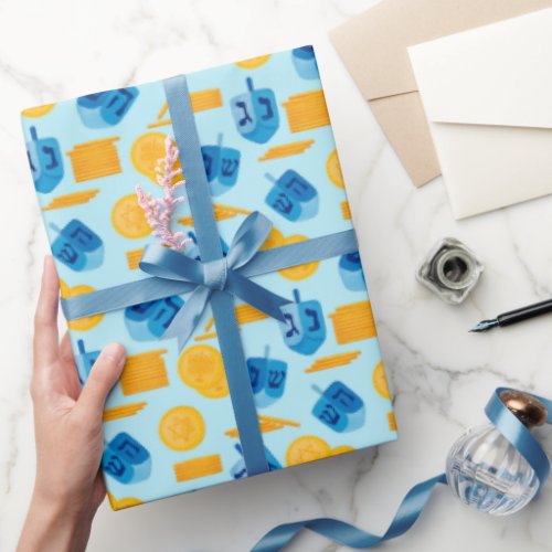 Hanukkah Dreidel Game Gelt Dark Blue Wrapping Paper