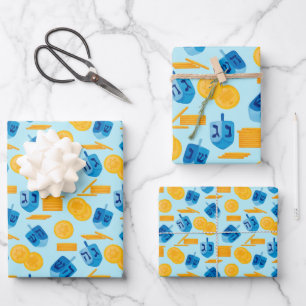 Hanukkah Dreidel Game Gelt Dark Blue Wrapping Paper Sheets
