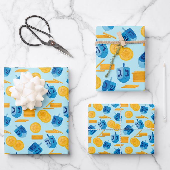Hanukkah Dreidel Game Gelt Dark Blue Wrapping Paper Sheets (Front)