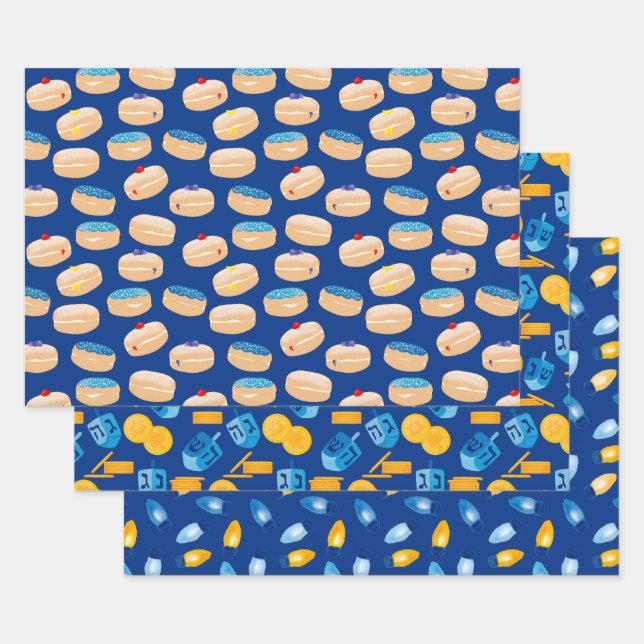 Hanukkah Dreidel, Gelt, Sufganiyot, String Lights Wrapping Paper Sheets (Set)