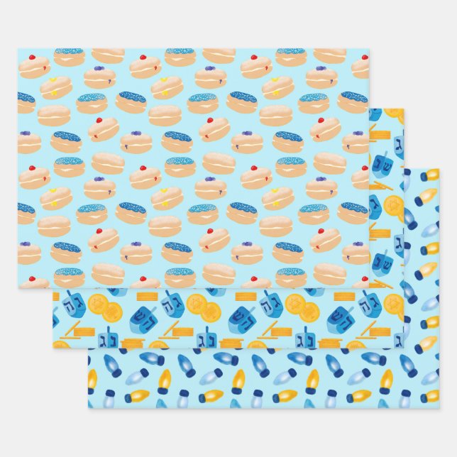Hanukkah Dreidel, Gelt, Sufganiyot, String Lights Wrapping Paper Sheets (Set)