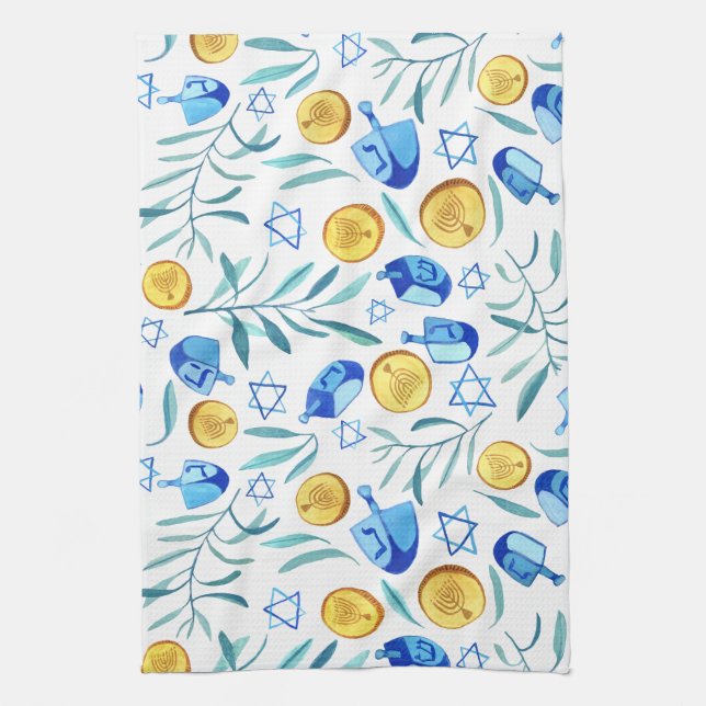 Hanukkah Dreidel Jewish Holiday Pattern Kitchen Towel (Vertical)