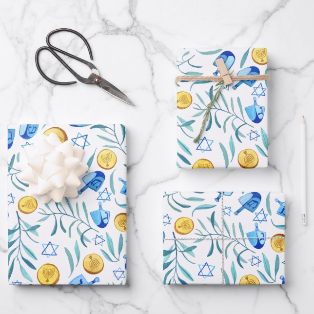 Hanukkah Dreidel Jewish Holiday Pattern Watercolor Wrapping Paper Sheets (Front)