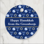 Hanukkah Dreidel Menorah Blue Custom Party Favor Tags<br><div class="desc">Beautiful Hanukkah party favor tags in pretty blue with a cool pattern of Judaism star,  dreidel for fun Chanukah games,  and the Jewish menorah for the holiday. Customize your gifts with your family name.</div>